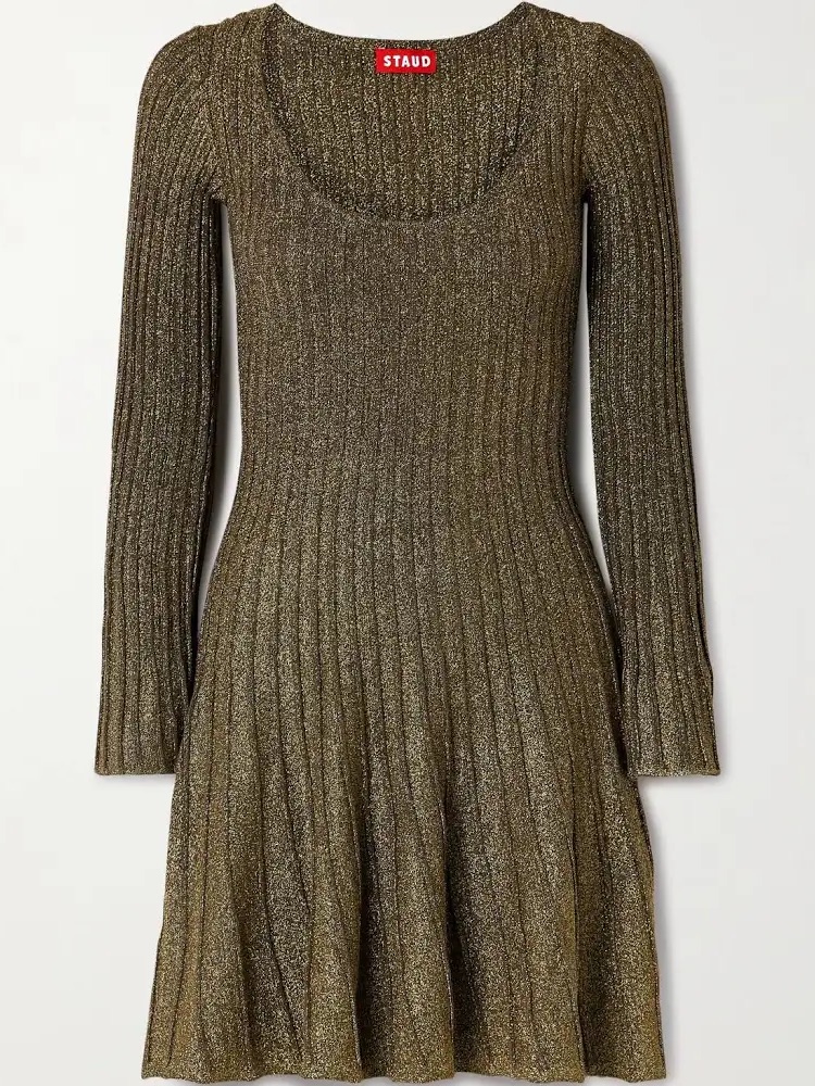 Staud Olive Metallic Ribbed Scoop-Neck Long-Sleeve Dress